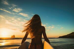 mooi jong vrouw in bikini Aan de surfboard Bij zonsondergang, achterzijde visie van vrouw surfer rennen in de oceaan met een surfplank, ai gegenereerd foto
