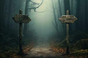 houten richting tekens in de mistig Woud. 3d weergave, tonen een pad splitsen in twee gaan in de bossen met een blanco wegwijzer, ai gegenereerd foto