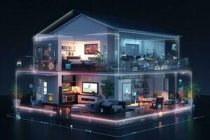 3d geven van modern leven kamer met gloeiend lichten Aan achtergrond, vitrine de macht van de internet van dingen met een visueel verbijsterend beeld van een slim huis gevulde met verscheidene, ai gegenereerd foto