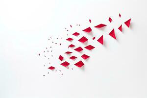 rood origami papier vlak Aan wit achtergrond. 3d weergave, rood papier vlak en bedrijf strategie Aan wit achtergrond, bedrijf succes, innovatie en oplossing concept, kopiëren ruimte, ai gegenereerd foto