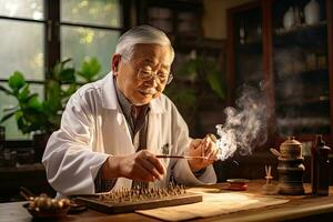 senior Aziatisch mannetje dokter spelen schaak in de leven kamer Bij huis, senior Chinese dokter geven moxibustie, ai gegenereerd foto