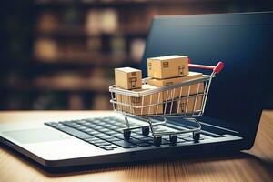 boodschappen doen kar met dozen Aan laptop toetsenbord. online boodschappen doen concept. 3d weergave, boodschappen doen kar met dozen Aan laptop scherm. online boodschappen doen concept, ai gegenereerd foto