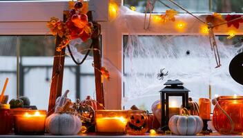 feestelijk decor van de huis Aan de vensterbank voor halloween - pompoenen, jack O lantaarns, schedels, spinnenwebben, spinnen, skeletten, kaarsen en een slinger - een knus en vreselijk humeur foto