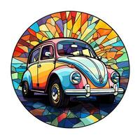 een visie van een auto in een cirkel van kleurrijk gebrandschilderd glas illustratie ontwerp foto
