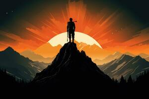 silhouet van een Mens staand Aan top van een berg, silhouet van soldaat Aan top van de berg met, ai gegenereerd foto