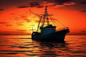 visvangst boot in de zee Bij zonsondergang. bedrijf en visvangst concept, silhouet van een diepe zee visvangst boot gedurende zonsondergang, ai gegenereerd foto