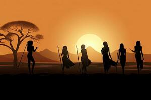 oude mensen in de savanne Bij zonsondergang vector achtergrond concept voor poster, silhouetten van Afrikaanse aboriginals Bij zonsondergang. vrouw stam leden in woestijn landschap, ai gegenereerd foto