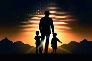 silhouet van vader met zoon en dochter Aan Amerikaans vlag achtergrond, silhouet van vader en zoon houden de vlag van Maleisië, ai gegenereerd foto