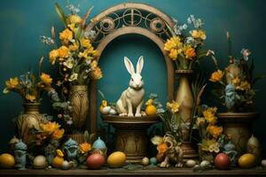 Pasen decoratief podium met konijn en veelkleurig eieren. genereren ai foto