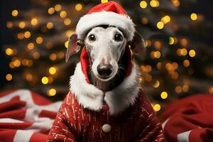 ai gegenereerd grijs hond whippet hond in rood feestelijk de kerstman claus pak en hoed tegen Kerstmis boom in bokeh licht groet kaart nieuw jaar vakantie achtergrond foto