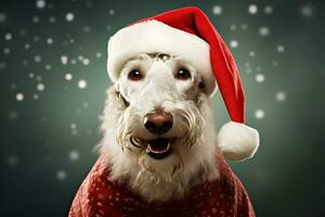 ai gegenereerd gelukkig grijs hond bedlington terriër whippet in de kerstman claus hoed en rood pak Aan besneeuwd achtergrond groet kaart nieuw jaar vakantie foto