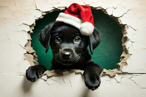 grafiek van een puppy in een de kerstman claus hoed op zoek door een gat foto