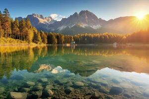 indrukwekkend zomer zonsopkomst Aan eibsee meer met zugspitze berg bereik. ai gegenereerd foto