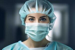 portret van Dames dokter werken in modern ziekenhuis vervelend masker en pet ai generatief foto