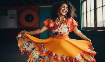 blij vrouw in oranje dansen levendig tegen een kleurrijk. ai generatief. foto