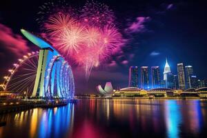 vuurwerk Bij jachthaven baai zand in Singapore. jachthaven baai zand is een geïntegreerde toevlucht en gefactureerd net zo de s werelds meest duur op zichzelf staand casino eigendom, Singapore, nacht vuurwerk, ai gegenereerd foto