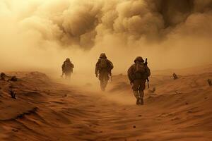 niet geïdentificeerd soldaten zijn wandelen in de woestijn in chonburi, Thailand, speciaal leger soldaten wandelen in een rokerig woestijn, ai gegenereerd foto