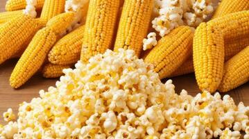 ai generatief, januari 19, nationaal popcorn dag in de Verenigde Staten van Amerika, een berg van popcorn en maïs kolven foto