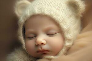 pasgeboren baby pop slapen in een wit gebreid hoed met vacht, slapen pasgeboren baby, ai gegenereerd foto