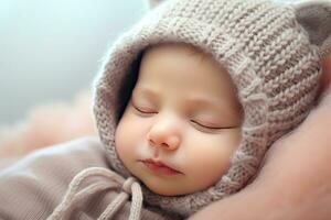 slapen pasgeboren baby in een gebreid hoed, detailopname, slapen pasgeboren baby, ai gegenereerd foto