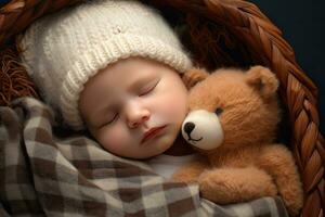 schattig pasgeboren baby jongen slapen in een mand met teddy beer, slapen pasgeboren baby, ai gegenereerd foto