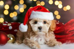 bruin veelpoep puppy leugens in een de kerstman hoed met een zak van cadeaus Aan de achtergrond van een Kerstmis boom en bokeh van een guirlande. generatief ai foto