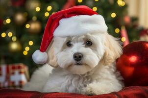 wit veelpoep puppy leugens in een de kerstman hoed in de buurt een Kerstmis boom met geschenken. generatief ai foto