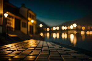 een straat Bij nacht met lichten Aan de water. ai-gegenereerd foto