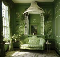 charmant kamer met groen bloemen behang. een verrukkelijk groen-thema interieur. ai gegenereerd foto