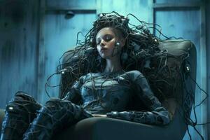 futuristische vrouw verbonden naar opladen kabels in fauteuil. genereren ai foto