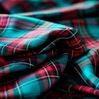 structuur van gerimpeld, verfrommeld Schotse ruit kleding stof detailopname, traditioneel Schots kleding - ai gegenereerd beeld foto
