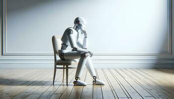 ai generatief robot humanoid zittend Aan wijnoogst stoel in leeg kamer en denken, kunstmatig intelligentie- concept foto