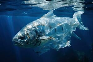 ai gegenereerd oceaan verontreiniging concept plastic Tassen onder water foto