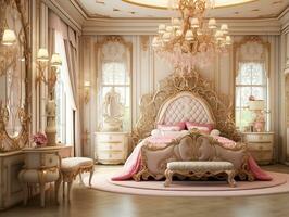 mooi prinses slaapkamer in de Koninklijk huis ai generatief foto