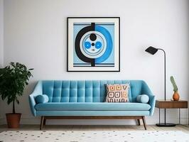 midden eeuw stijl interieur leven kamer met blauw sofa tegen wit muur en kunst poster kader ai generatief foto