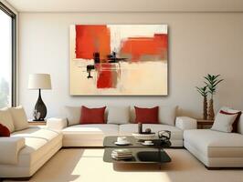 modern leven kamer met canvas schilderij en kleurrijk meubilair ai generatief foto