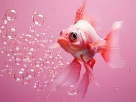 mooi roze vis zwemmen met bubbels van een roze achtergrond ai generatief foto