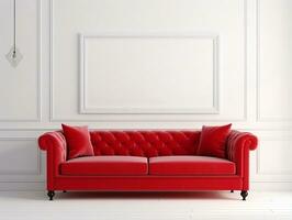 rood sofa met kussens Aan een wit interieur muur ai generatief foto