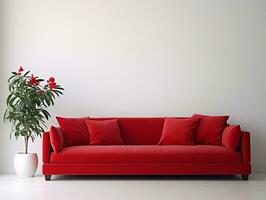 rood sofa met kussens Aan een wit interieur muur ai generatief foto