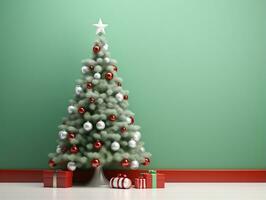 rood en wit Kerstmis boom tegen een licht groen muur ai generatief foto