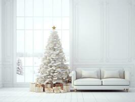 Kerstmis boom in een wit kamer met wit bankstel ai generatief foto