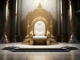 oude 3d gouden troon Aan een wit verdieping ai generatief foto