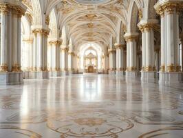luxueus wit marmeren verdieping van een paleis met mooi goud ornamenten ai generatief foto