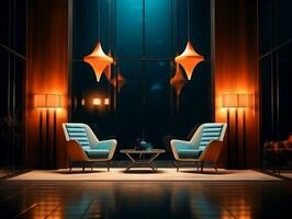 ai gegenereerd luxueus lobby met stoelen en lamp lichten in de nacht ai generatief foto