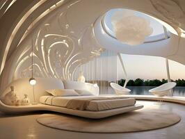 ai gegenereerd futuristische modern luxe slaapkamer met heel modern meubilair ai generatief foto