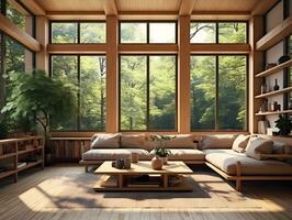 ai gegenereerd modern ruimte houten interieur leven kamer met groot ramen en houten meubilair ai generatief foto
