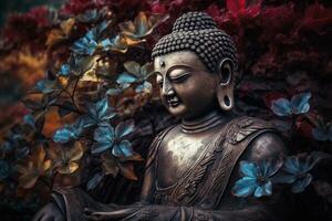 generatief ai, abstract levensecht Boeddha standbeeld, bloemen, magie verlichting, mooi metalen en steen kleuren, natuurlijk verlichting, natuurlijk milieu foto