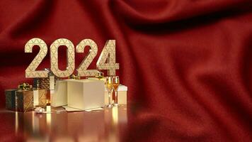 de goud aantal en geschenk doos voor viering 2024 3d renderen foto