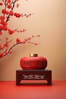generatief ai, rood podium met lantaarn Chinese nieuw jaar en geschenk doos Product staan podium achtergrond voetstuk 3d foto