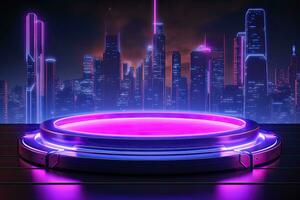 generatief ai, metaal verlichting neon podium cyberpunk onwerkelijk stad roze blauw neon lasers stadium Product Scherm achtergrond, 3d illustratie leeg Scherm toonzaal foto